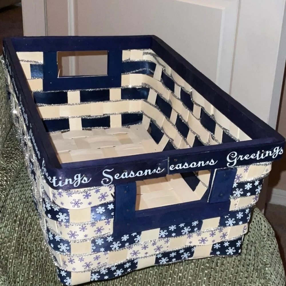 Holiday SEASONS GREETINGS Blue, Ivory, Silver Rectangular Wicker Basket handles